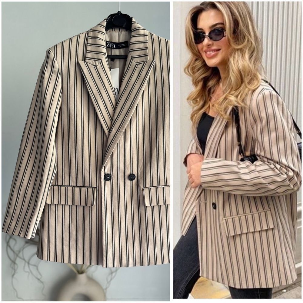 ZARA Oversized Blazer Striped Neutrals Double Breasted